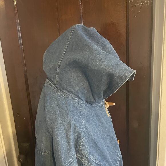 Vintage Denim & Co Duffle Chore Coat Womens 2XL Hooded 90s Long Blue Denim Togs - Picture 12 of 15